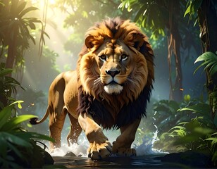 Majestic lion emerges from a lush green jungle environment, sunlight streams
