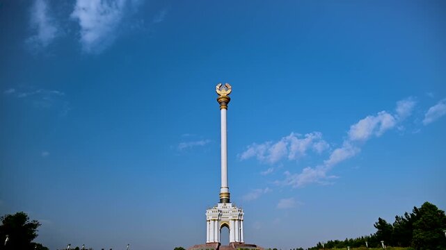 Wide Pan Up of Independence Monument in Dushanbe Tajikistan