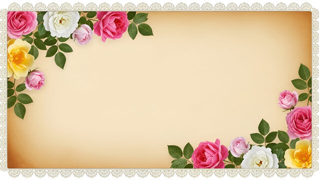 Romantic floral frame with colorful rose bouquets on a parchment paper background, featuring a classic lace edge for wedding or greeting card designs