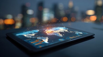 Digital World Map on Tablet Display with Cityscape Background, Representing Global Connectivity and Data Visualization