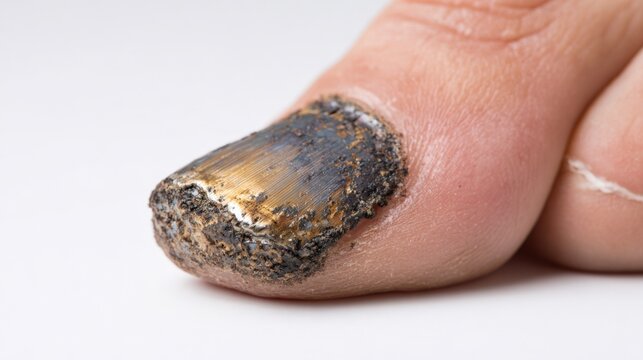 Close-up of a Severely Damaged Fingernail Exhibiting Onychomycosis and Paronychia, Displaying Signs of Trauma and Infection
