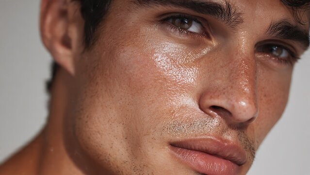 Close-up portrait of a handsome young man with radiant, dewy skin and a subtle, confident expression.