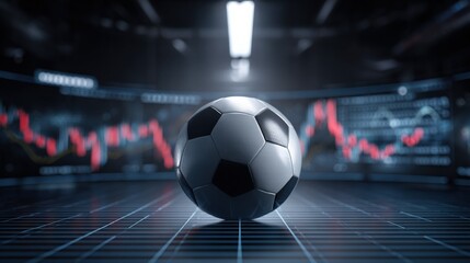 Soccer Ball on Futuristic Trading Floor Display with Stock Market Graph Showing Decline