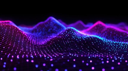 Abstract digital landscape with colorful glowing particles creating wavy terrain, perfect for tech or futuristic backgrounds