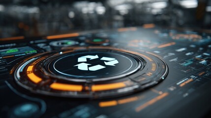 Recycle Icon Interface on Futuristic Panel Displaying Sustainability and Environmental Awareness, Aimed at Tech-Savvy Eco-Conscious Consumers