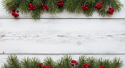 Elegant festive border with evergreen foliage and vibrant red berries