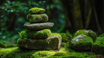 A moss-covered stone pyramid on soft forest ground with natural green foliage, a peaceful decoration for a Zen-style landscape