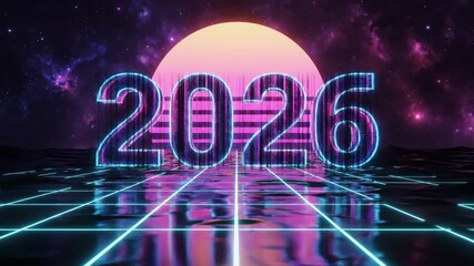 Futuristic Neon 2026 Year Countdown with Retro Digital Lighting and Cosmic - Powered by Adobe
