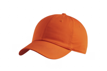 Bright orange baseball cap with curved brim and stitched panels isolated on a transparent background