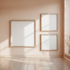 Fototapeta premium Three different size frames mockup hang on multiple levels on light wall, shadow from window falling across it. Artwork, poster empty border, multiple template. Minimalist modern interior