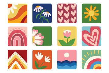 Vibrant Retro Style Nature and Abstract Art Set