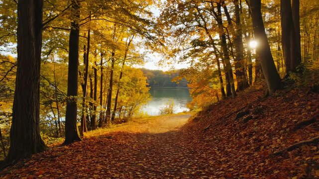 This captures a serene autumn morning with leaves changing colors and a sunlit trail leading through the woods towards a lake.
