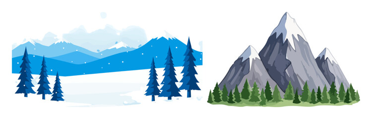 Stylized winter mountain landscape and snowy peaks with pine trees
