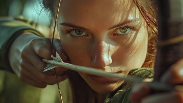 A sharp-eyed archer with a look of focus and determination aiming at an unseen target.