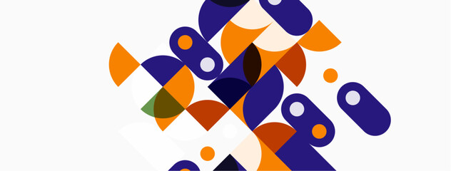 Abstract geometric shapes overlap, creating vibrant composition. Orange, purple, green tones dominate neutral background. Modern design.