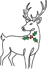Elegant single line drawing of a majestic reindeer adorned with a festive holly wreath and berries, Generative Ai