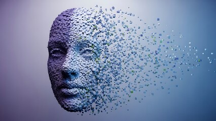 Digital human face dissolving into countless small blue and purple cubes representing data loss artificial intelligence or abstract identity fragmentation concept art