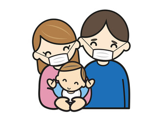 A mother and father wearing masks, holding a smiling baby