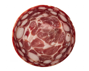 Close up of a round slice of cured meat with marbled fat and lean red meat patterns isolated on a transparent background