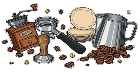 Collection of barista tools for making coffee, including a grinder, portafilter, tamper, frothing pitcher, and paper filters, in a detailed hand-drawn illustration