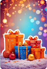 Orange violet gradient with gift boxes shiny ribbons red yellow ornaments thin iridescent threads and glowing bokeh