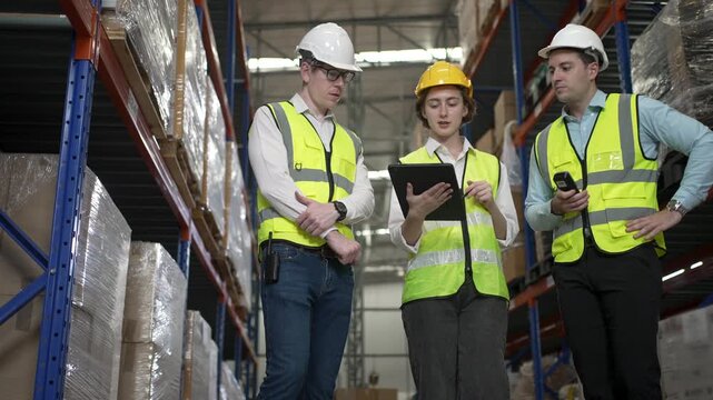 Blue collar workers are working at warehouse. Industrial and factory.