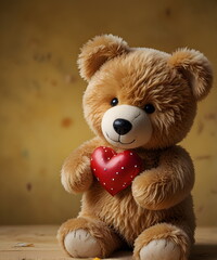A cute teddy bear hold a biig heart with love