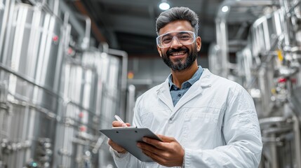 Worker checks equipment and takes notes in a manufacturing facility during a busy day of production