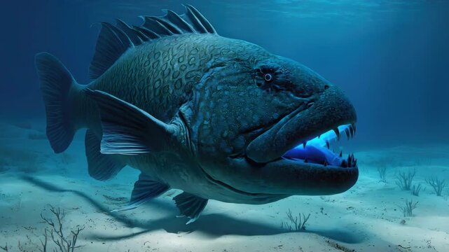A big fish in the ocean with its mouth open and teeth visible