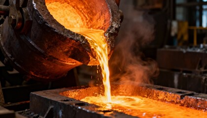 Brilliant hot molten metal pours from a rusty crucible into a casting mold in a dark, fiery industrial setting.