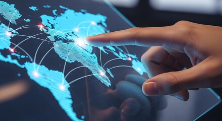Global network technology world map connection digital communication data transfer interface touch screen