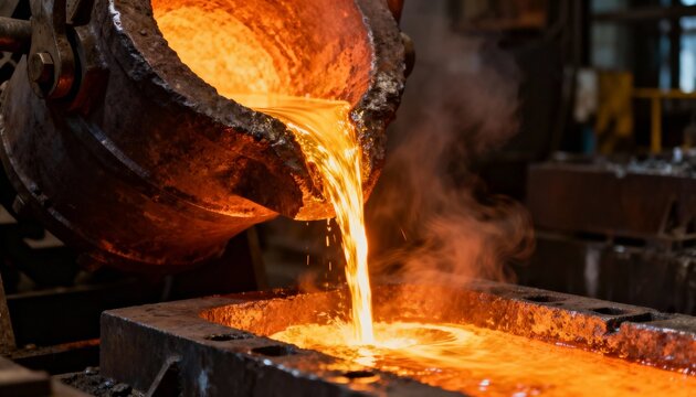 Brilliant hot molten metal pours from a rusty crucible into a casting mold in a dark, fiery industrial setting. - Powered by Adobe