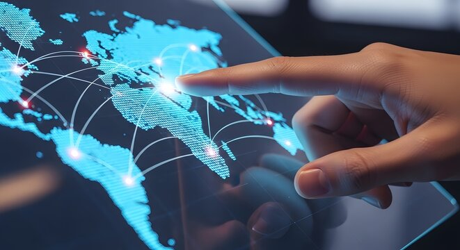 Global network technology world map connection digital communication data transfer interface touch screen - Powered by Adobe