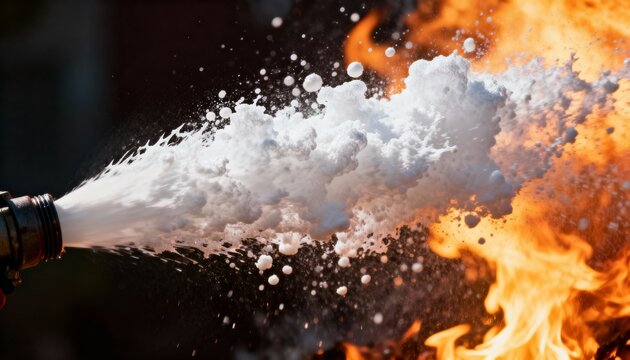 Intense stream of fire suppression foam spraying onto vibrant orange flames from a nozzle, a dramatic and dynamic firefighting action shot.