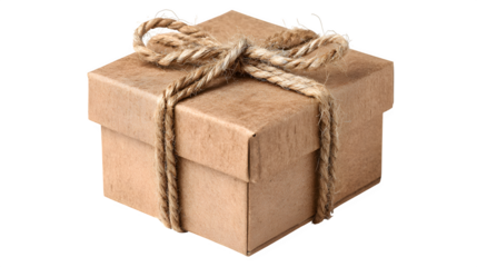 Eco gift box crafted from recycled cardboard and closed with twine knot, rustic celebratory packaging isolated on Transparent background