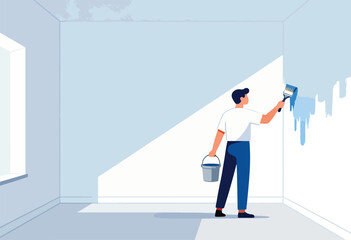 A person paints a room. One wall is covered with blue paint, other walls are white. Light shines in