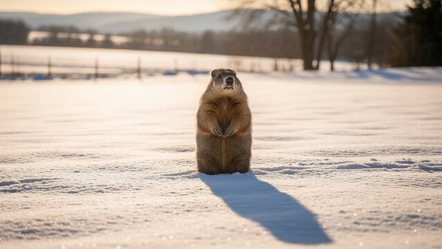 Groundhog Day groundhog casting long shadow in snowy field