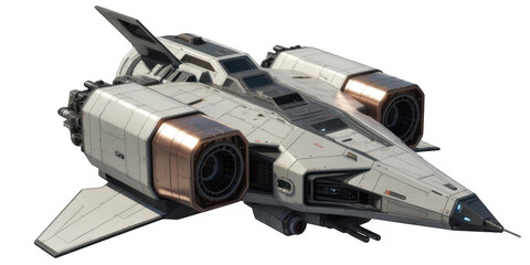 Detailed futuristic white and copper spaceship with multiple engines and cockpit windows isolated on a transparent background
