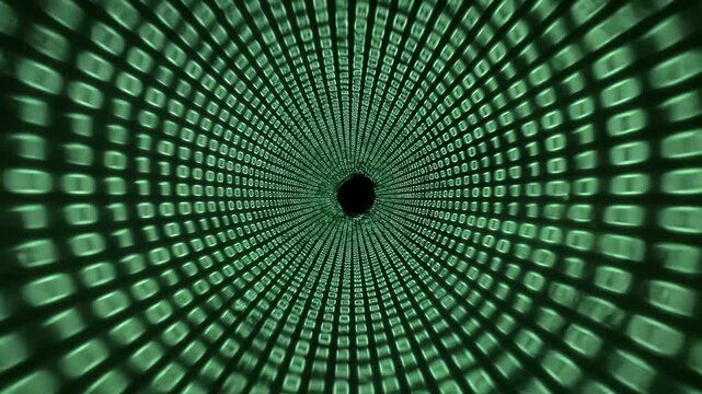 Digital tunnel of binary code data stream with green glowing numbers.