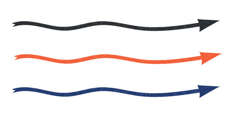 Hand drawn crayon movement arrow collection. Grunge squiggly arrow set. Pencil chalk lines sketch. Red, black, blue brush scribble element set. Doodle vector illustration.