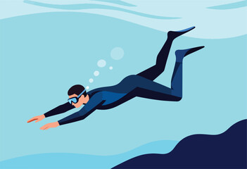 Illustration of a person underwater, diving in blue hues with bubbles