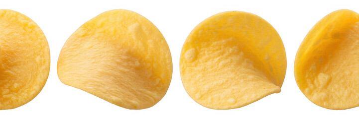 Four golden potato chips with textured surfaces arranged in a row isolated on a transparent background