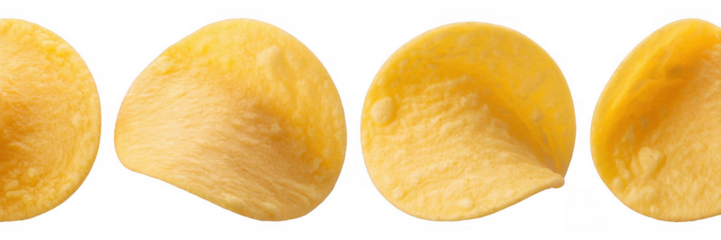 Four golden potato chips with textured surfaces arranged in a row isolated on a transparent background