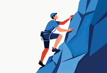 Obraz premium A person in a blue climbing outfit scales a large blue geometric rock face, white backdrop