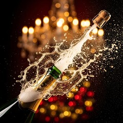 Popping Champagne Bottle with Golden Bubbles, New Year&rsquo;s Eve Celebration 2026, Festive Party Concept