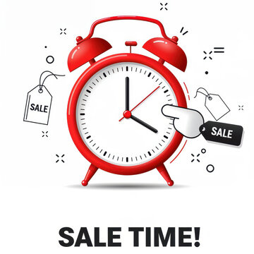 Sale Time: An illustration showcases a striking red alarm clock, symbolizing the limited timeframe for sales. A hand is about to adjust the clock's time with sale tags for discount