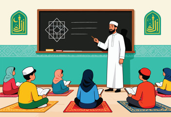 An Islamic teacher points to a geometric diagram on a chalkboard as students sit on rugs reading. Decorations frame the scene