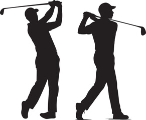 Two silhouetted golfers in mid swing on a white background