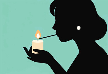 Obraz premium Silhouette of a woman lighting a candle; the flame is alight, against a teal background