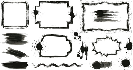 Set of vector paint brush stroke, ink splash and grungy decoration elements. Freehand grunge brush illustration. Black watercolor splatter, texture, frame and abstract background for social media.